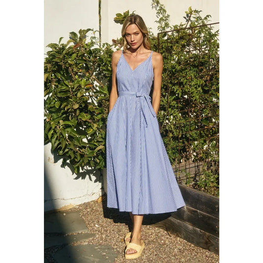 Striped Plunging Fit and Flare Dress