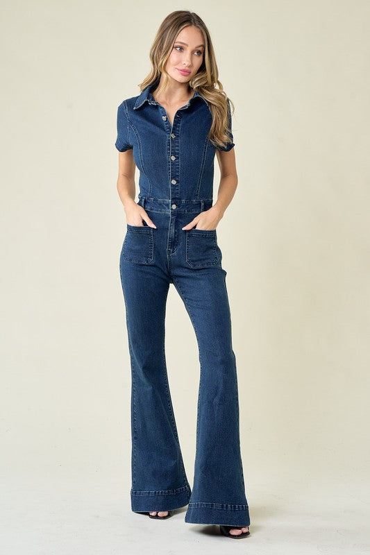 Short Sleeve Denim Flared Jumpsuit