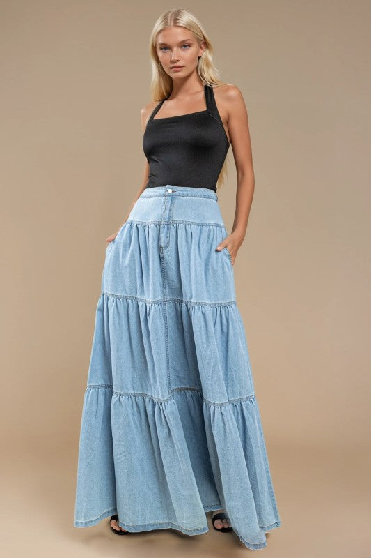 Tiered Denim Maxi Skirt