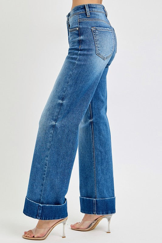 High Rise Ankle Wide Cuff Jeans