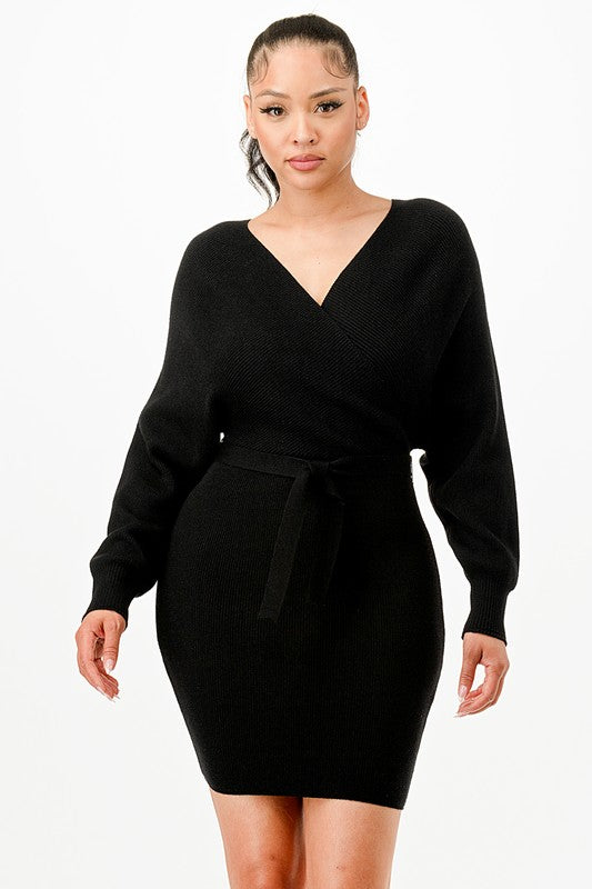 Belted Wrap Sweater Dress
