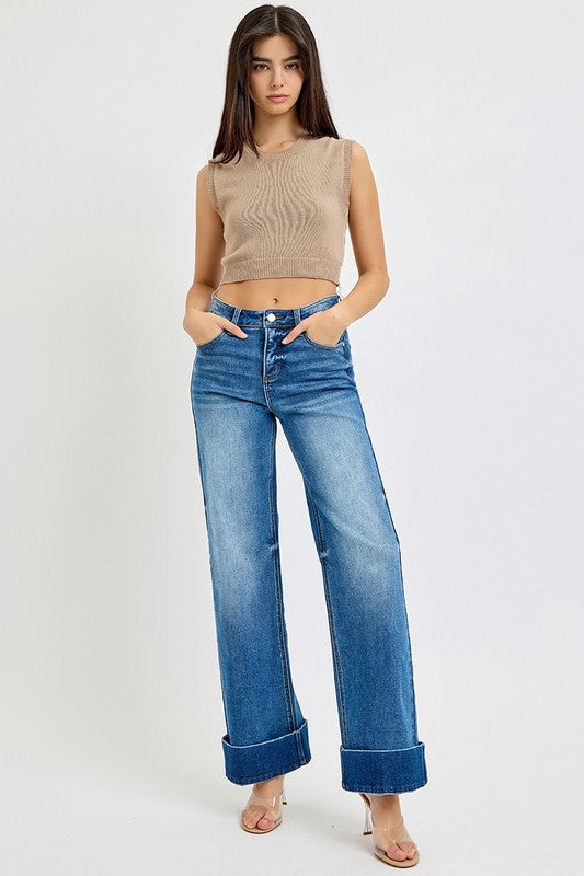 High Rise Ankle Wide Cuff Jeans