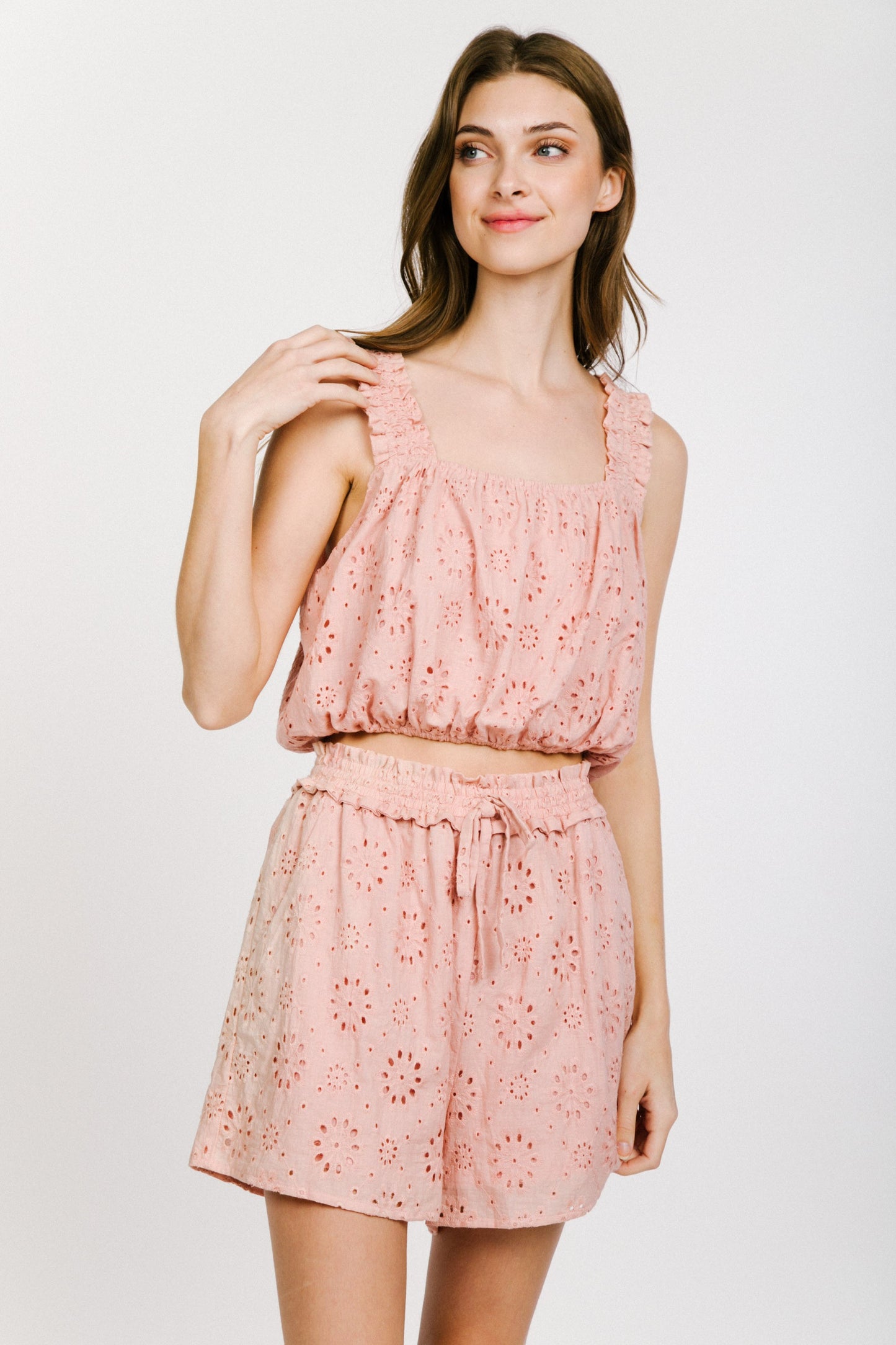 Smocking ruffle waist eyelet lace shorts