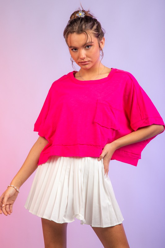 Half Sleeve Raw Edge Boxy Pocket Top