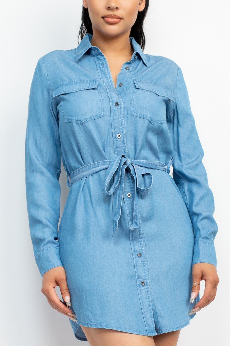 Collared Buttoned Self-Tie Belt Dress
