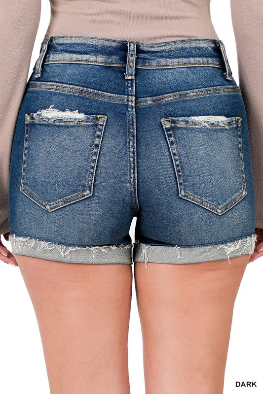DISTRESSED CUFFED RAW HEM DENIM SHORTS