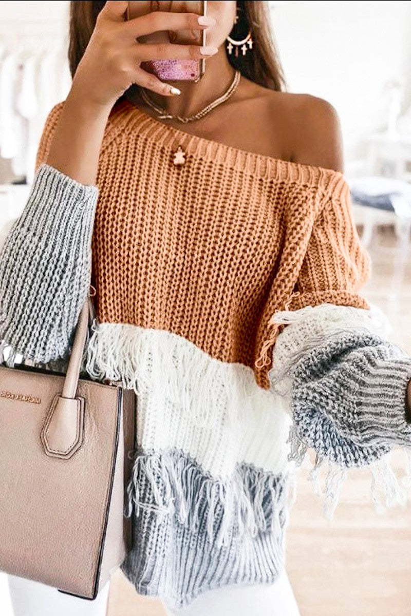 Fringe detail color block sweater top