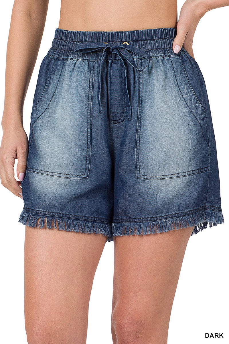 CHAMBRAY FRAYED HEM SHORTS