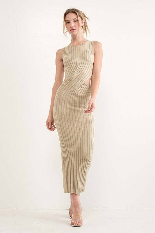 WAIST CUT OUT RIBBED KNIT DRESS