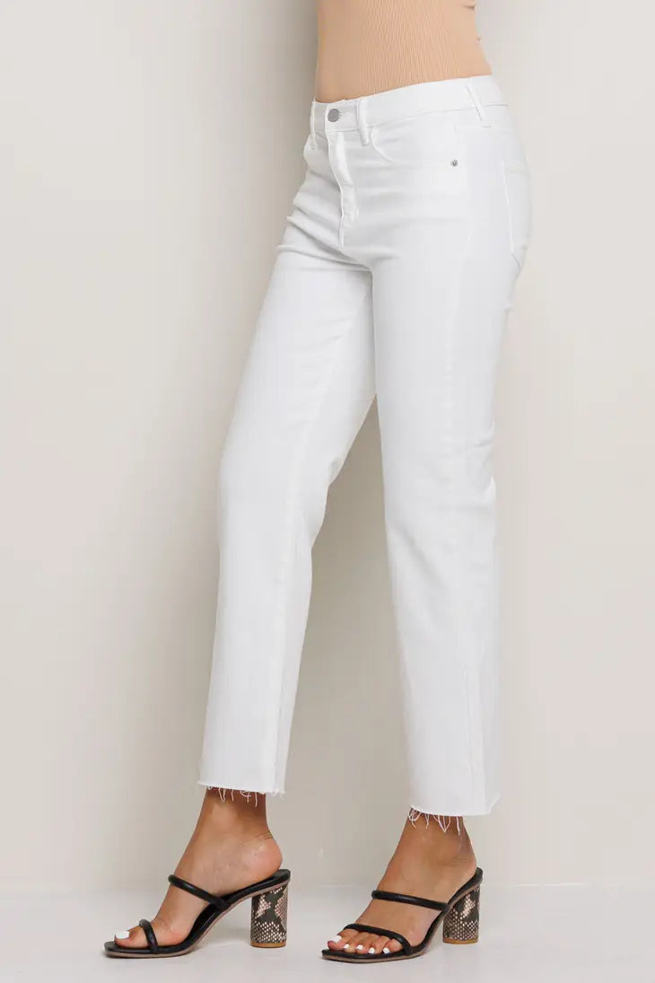 High Rise Cropped Solid Slim Straight Leg Jeans