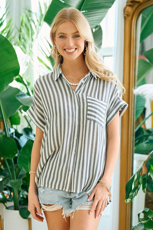 STRIPED SHORT SLEEVE SHIRT WITH ROLLED CUFFS