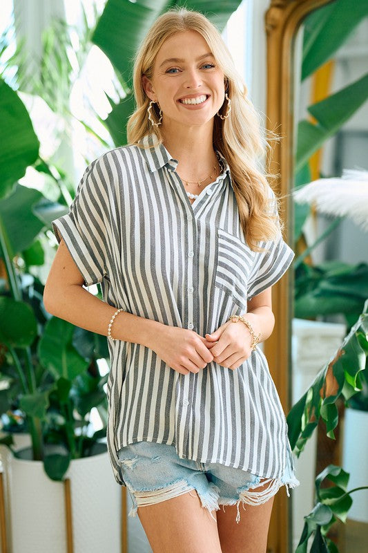 STRIPED SHORT SLEEVE SHIRT WITH ROLLED CUFFS