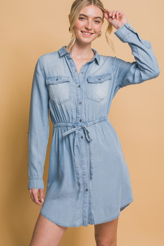 Roll-Up Tencel Mini Shirt Dress