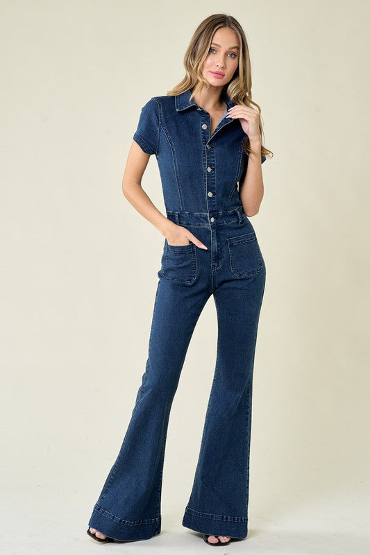 Short Sleeve Denim Flared Jumpsuit