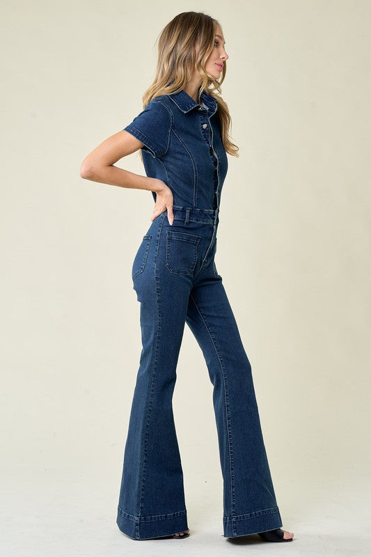 Short Sleeve Denim Flared Jumpsuit