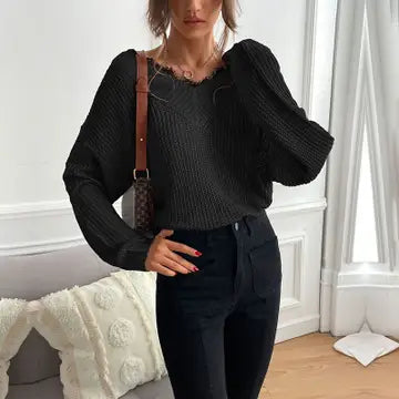 Paneled Lace V-Neck-Knit Sweater