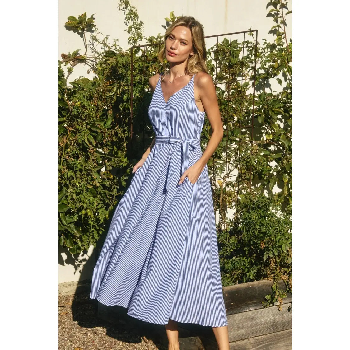 Striped Plunging Fit and Flare Dress