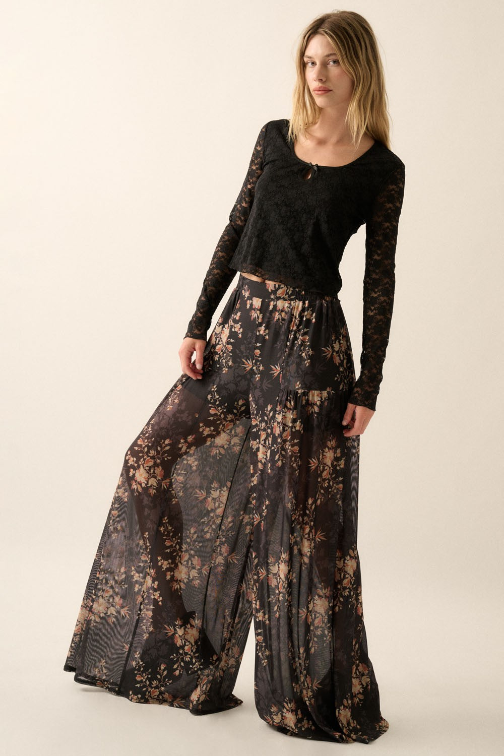 Floral Mesh Elastic-Waist Wide-Leg Pants