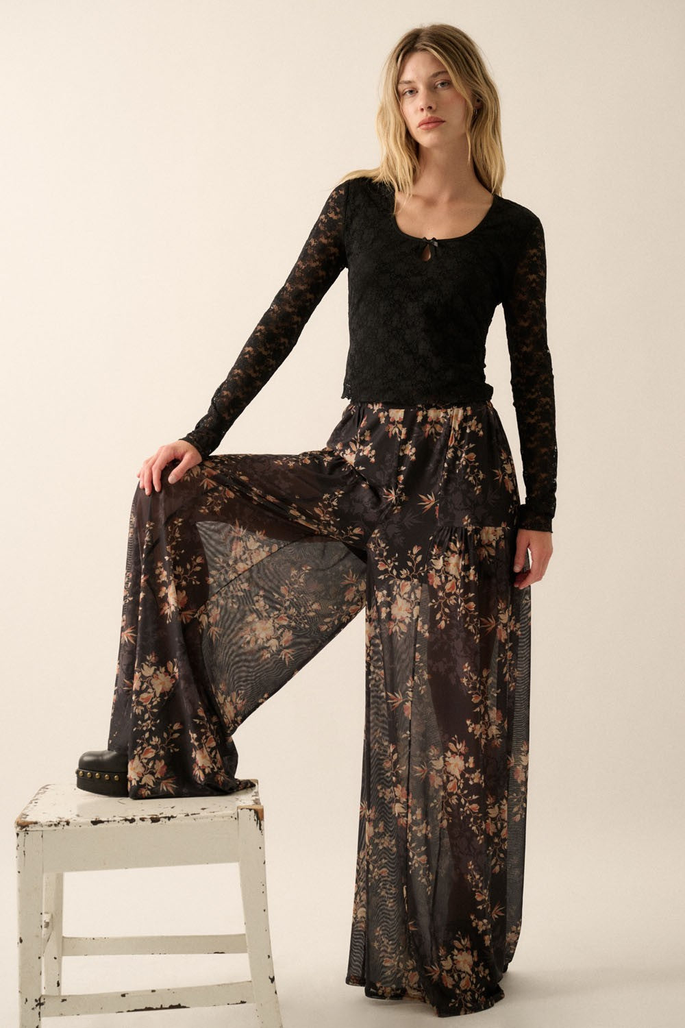 Floral Mesh Elastic-Waist Wide-Leg Pants