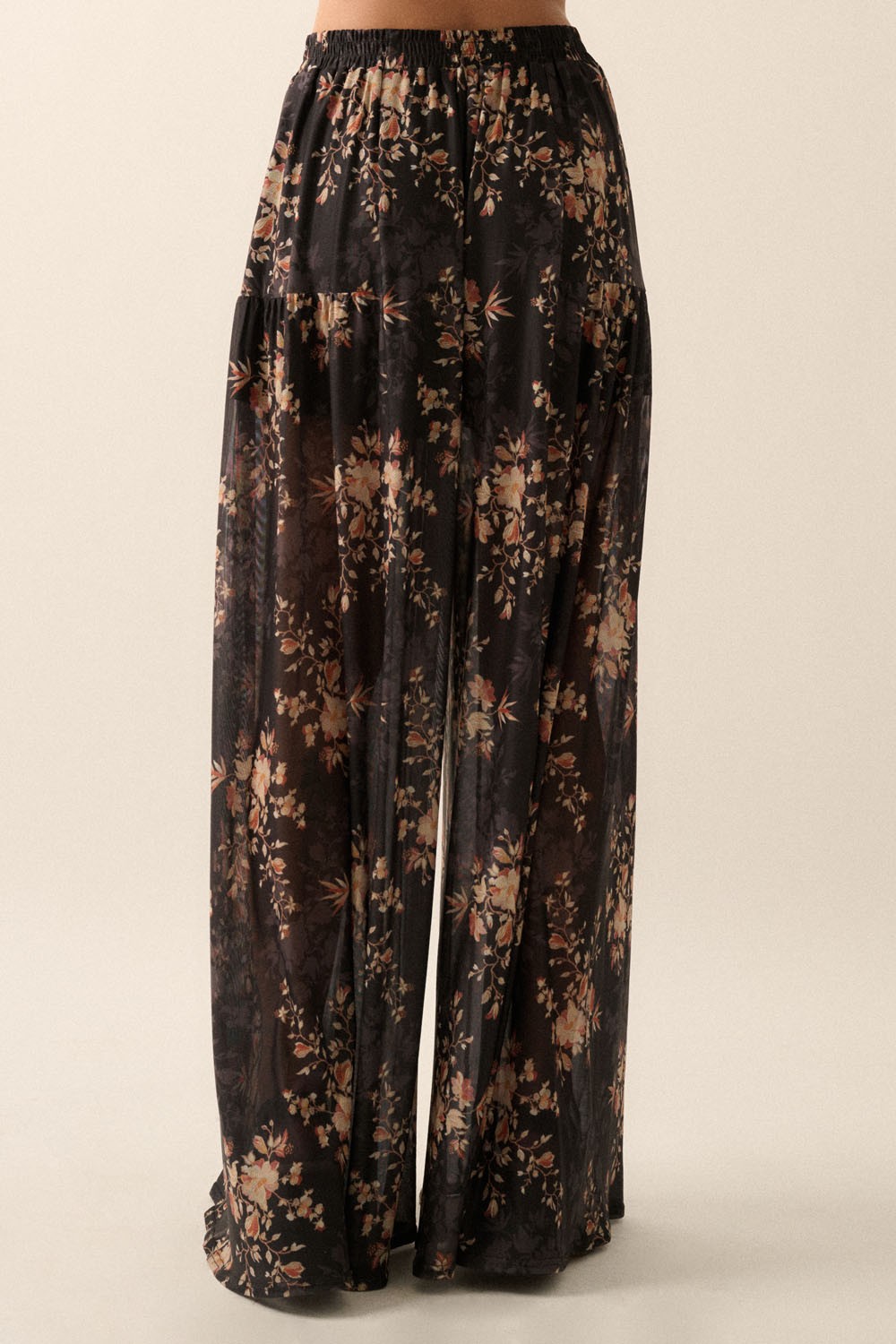 Floral Mesh Elastic-Waist Wide-Leg Pants