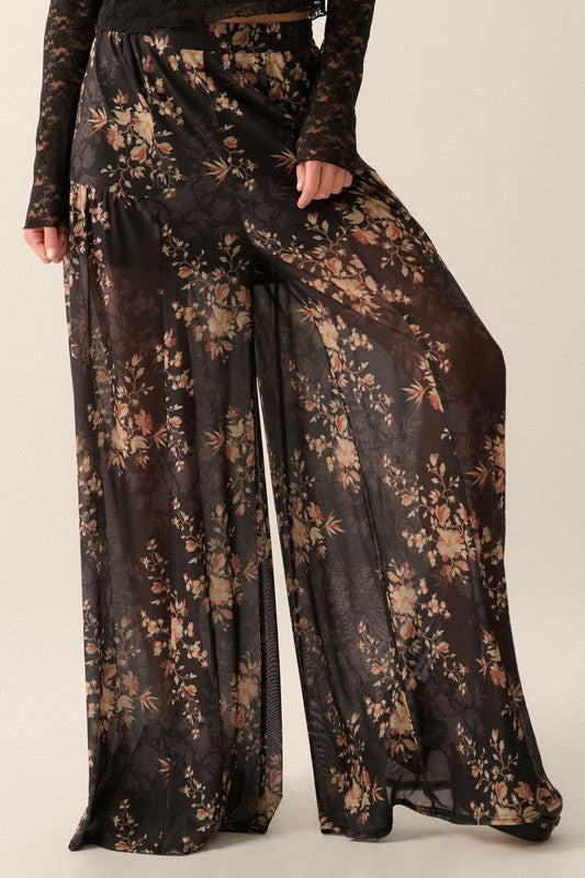 Floral Mesh Elastic-Waist Wide-Leg Pants