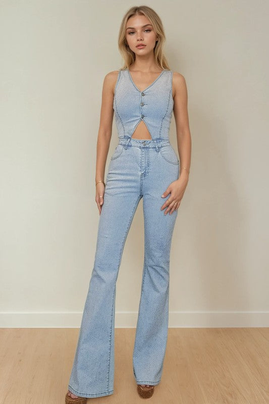 Cut Out Bootcut Denim Jumpsuit