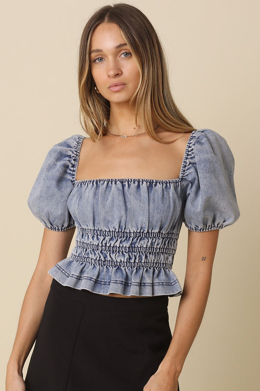 Avah Denim Ruffled Top