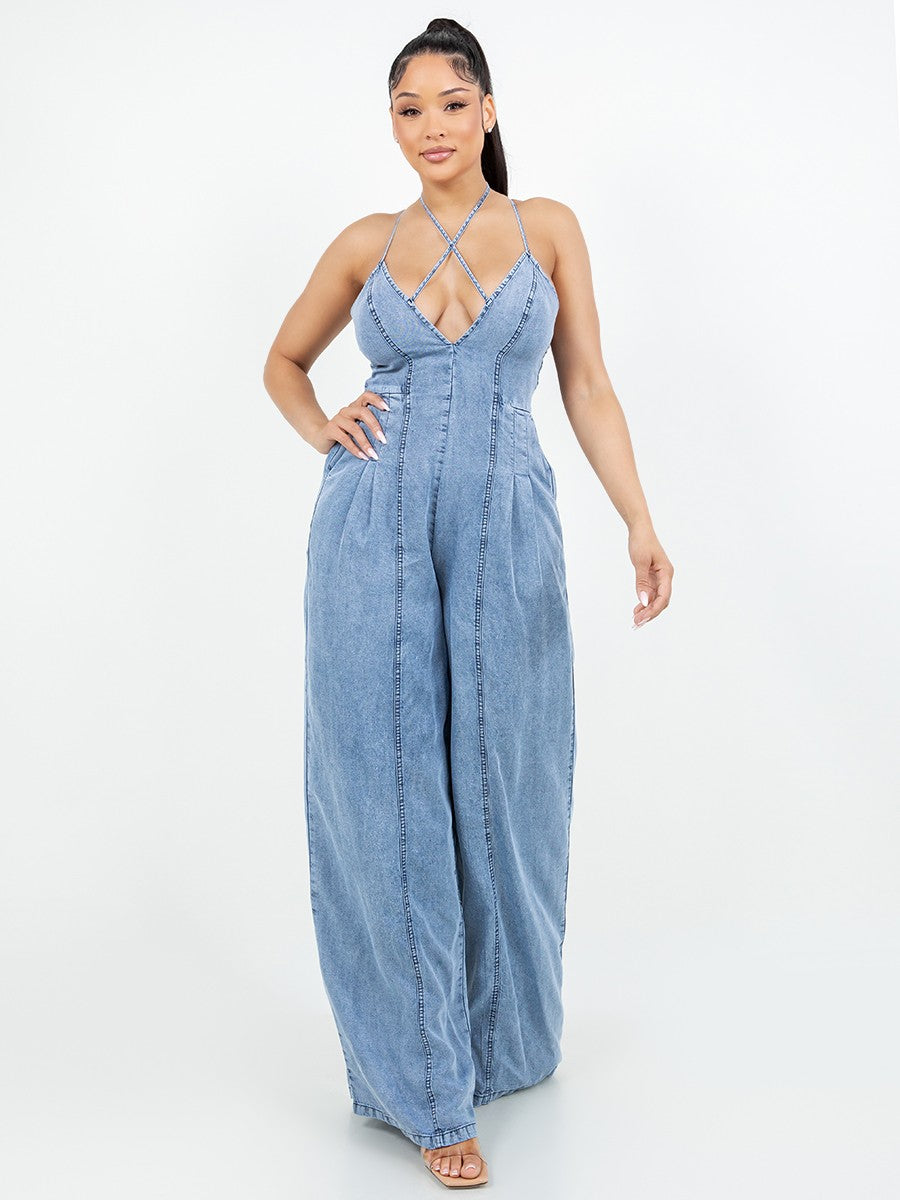 Cross Neck Denim Jumpsuit