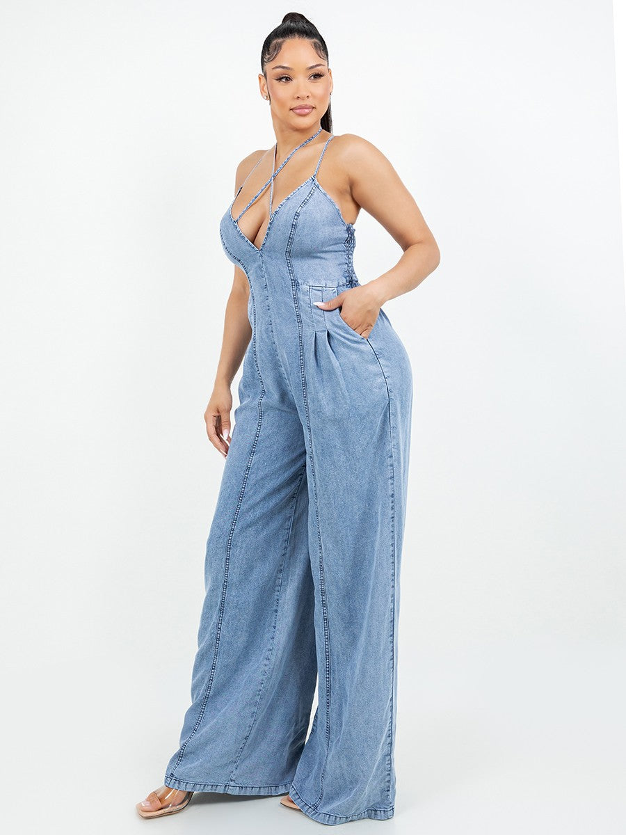 Cross Neck Denim Jumpsuit