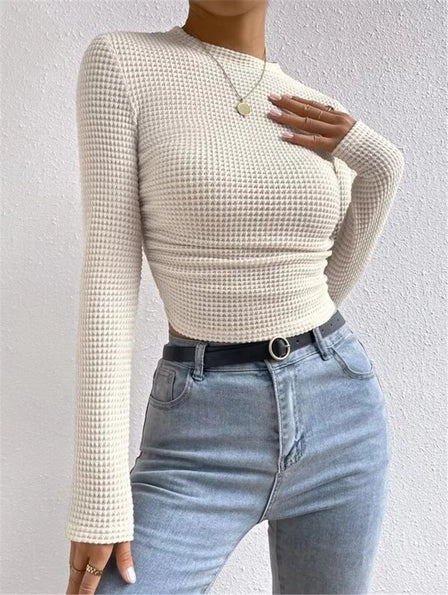 Waffle Knit Fitted Long Sleeve