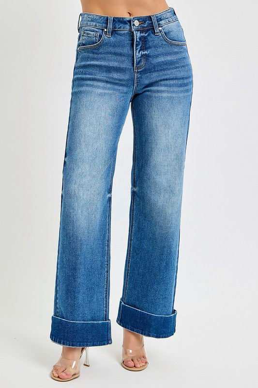 High Rise Ankle Wide Cuff Jeans