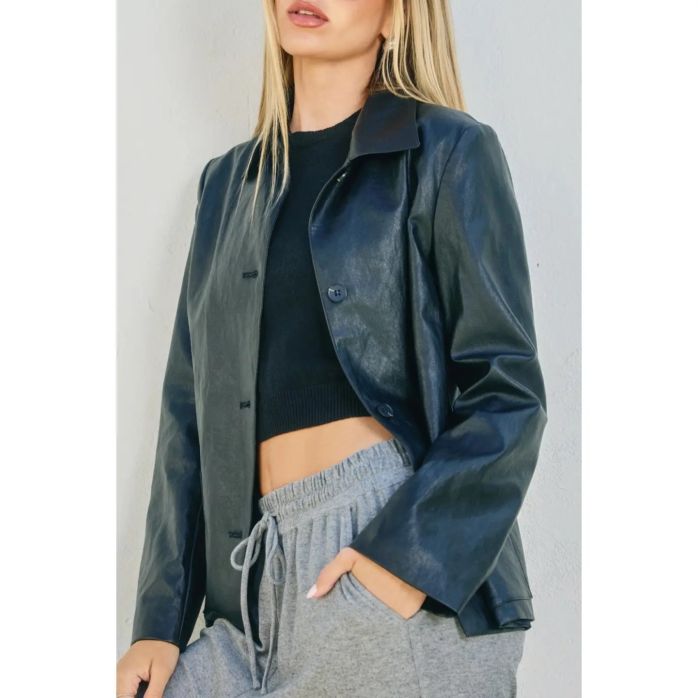Faux Leather Collared Jacket