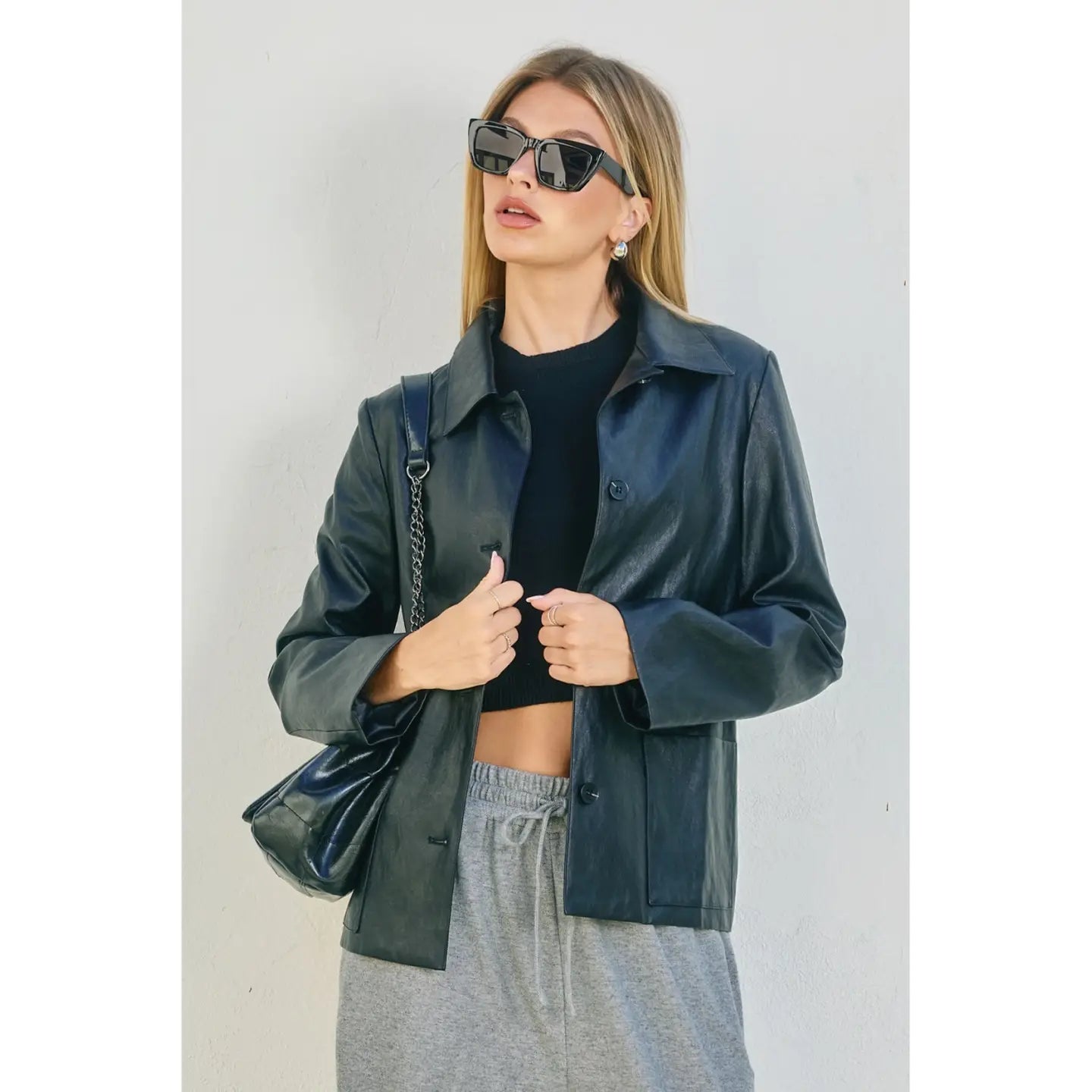 Faux Leather Collared Jacket