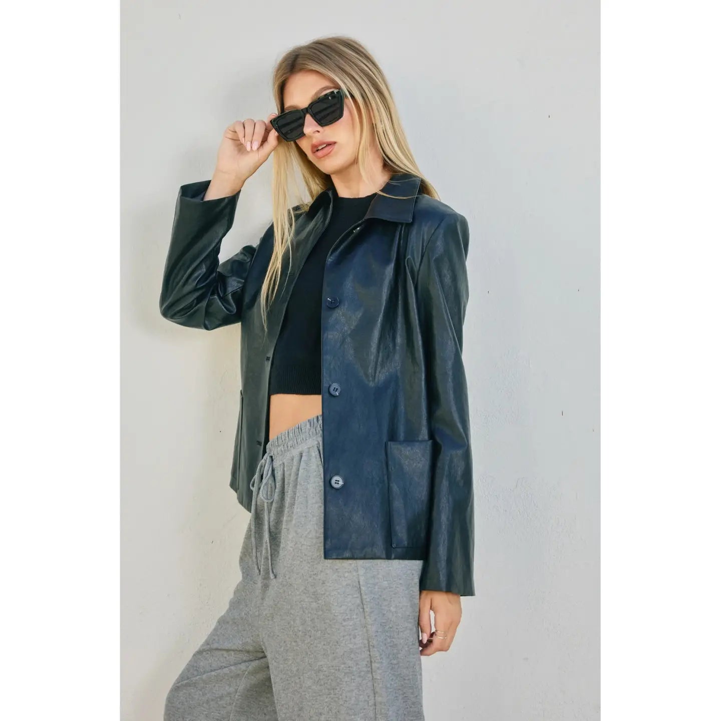 Faux Leather Collared Jacket