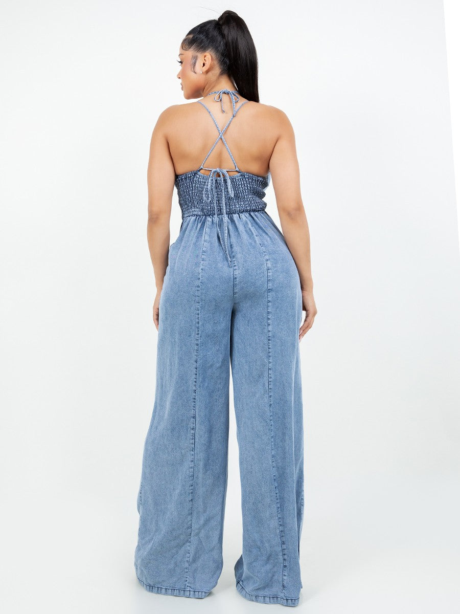 Cross Neck Denim Jumpsuit