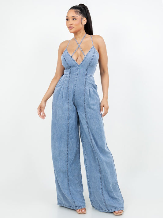 Cross Neck Denim Jumpsuit