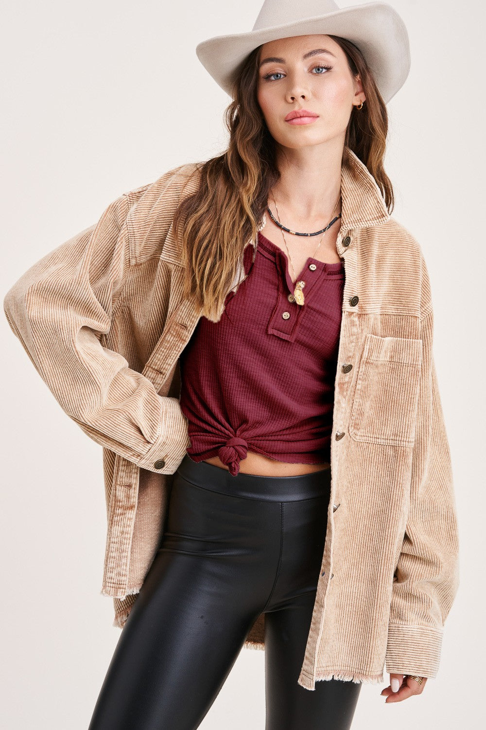 Ribbed Henley Stitched Long Sleeve Top