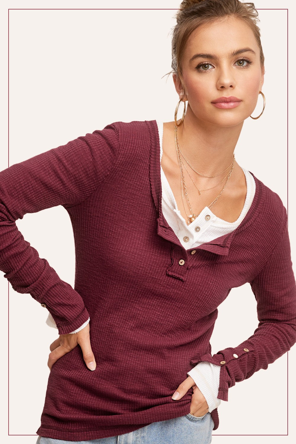 Ribbed Henley Stitched Long Sleeve Top