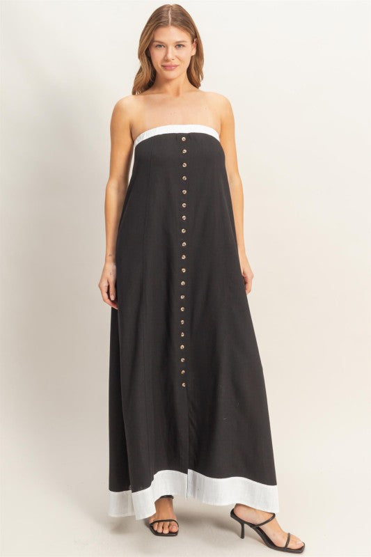 Strapless Button-Front Maxi Dress