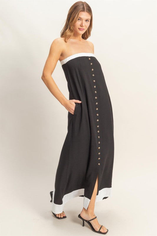 Strapless Button-Front Maxi Dress