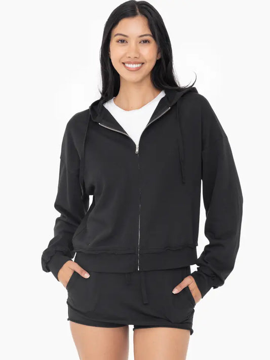 Raw Hem Zip-Up Hoodie