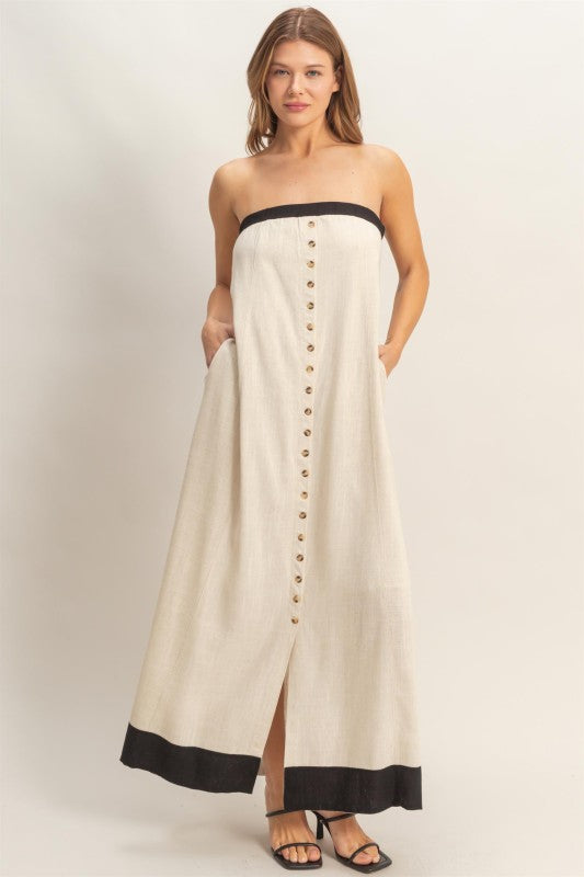 Strapless Button-Front Maxi Dress