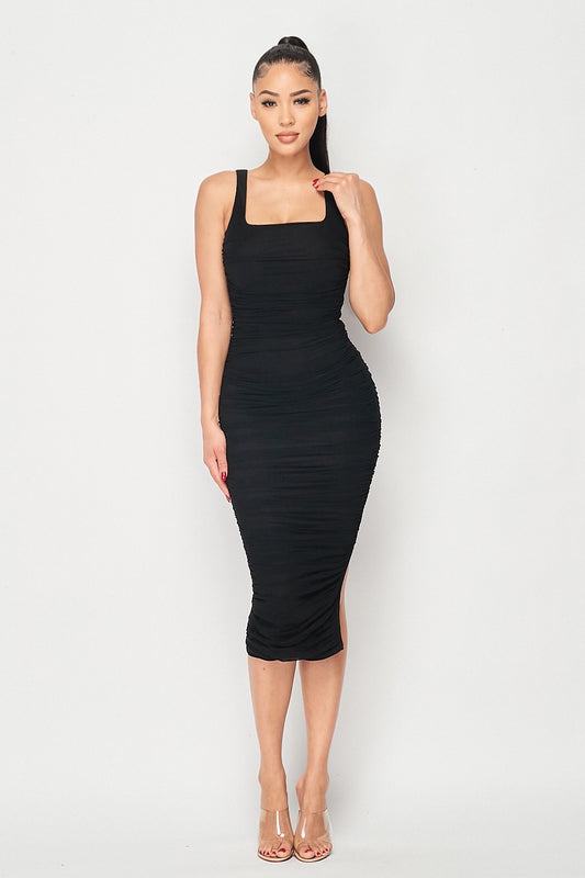 RUCHED TANK MIDI DRESS WITH SIDE SLIT DRESS