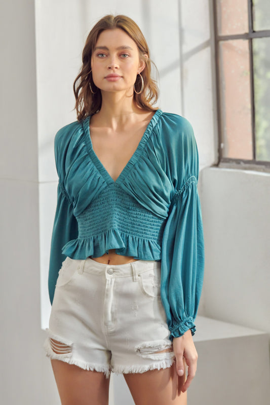 v-neck smocked top