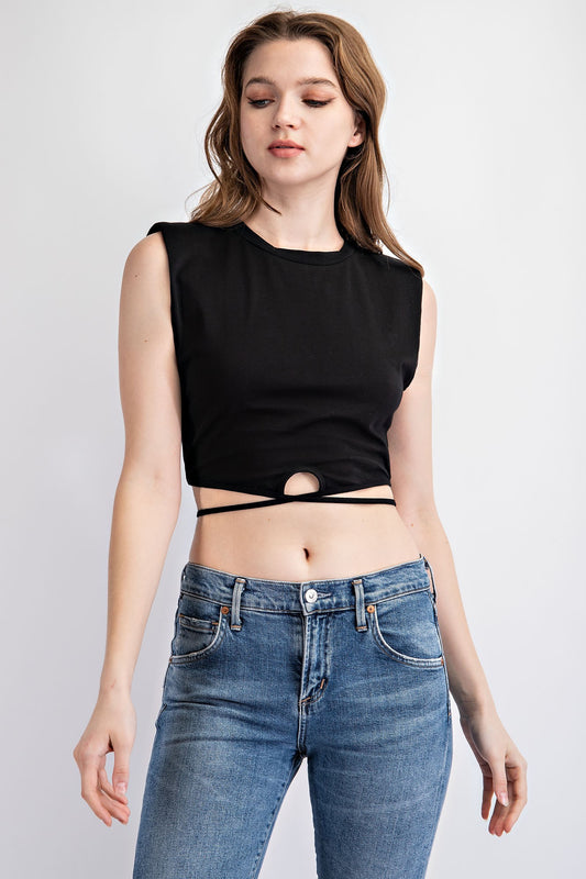 MUSCLE CROP TEE WITH TIE WAIST DETAIL