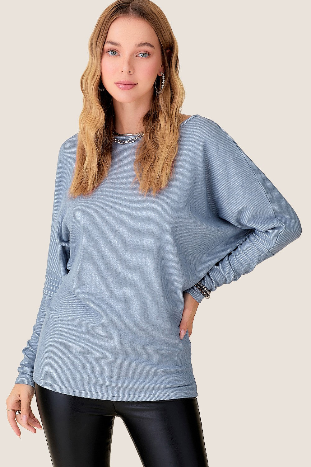 Loose-Fit Sweater with Bat Wing Sleeve